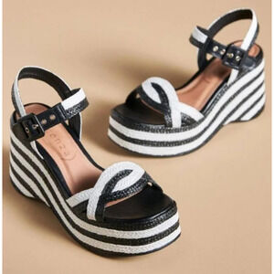 New Vicenza Raffia Black and White Platform Heels (38 EU)